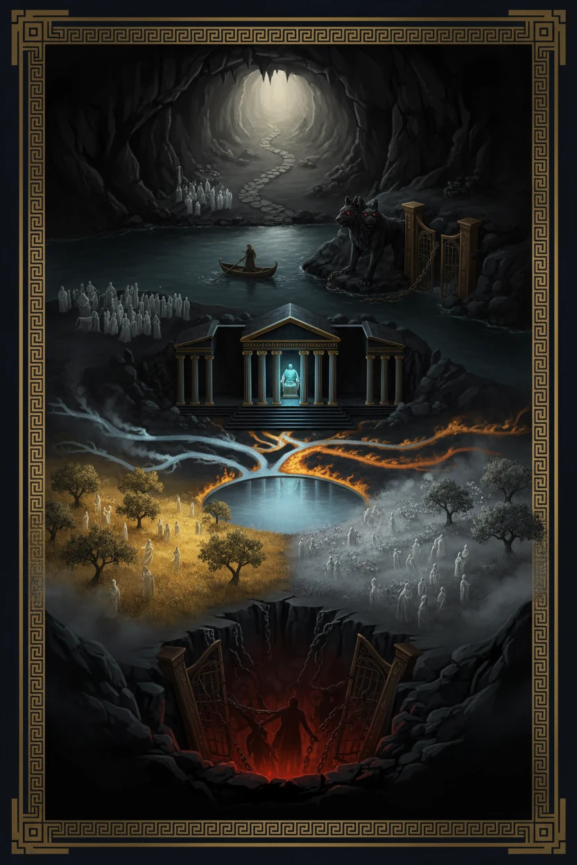 Corte transversal del inframundo griego: la entrada, el río, el palacio de Hades, los Campos Elíseos, la Pradera de Asfódelos y el Tártaro